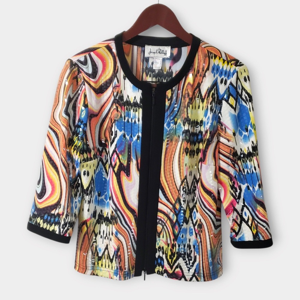 Joseph Ribkoff Artsy Sequin Multicolor Abstract Glossy Zip Front Jacket Sz 12